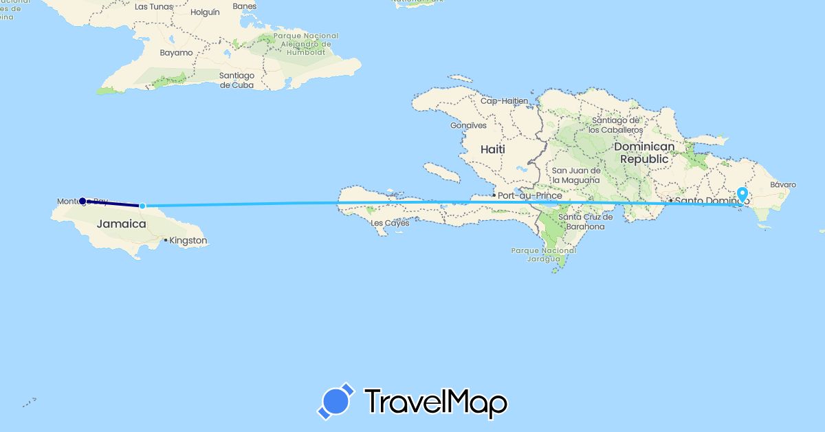 TravelMap itinerary: driving, boat in Dominican Republic, Jamaica (North America)